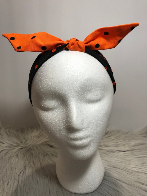 Black Dots with Orange Dots Top Tie Cotton Headband with Elastic Back and Removable Bow