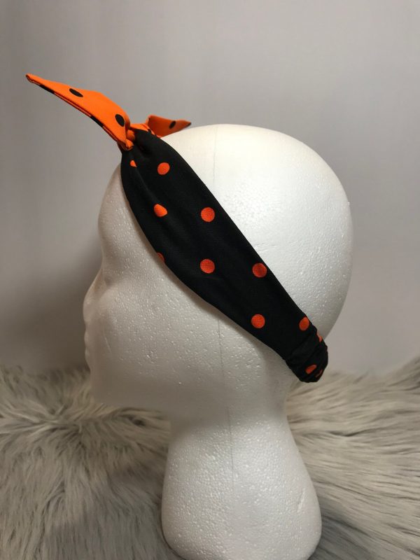 Black Dots with Orange Dots Top Tie Cotton Headband with Elastic Back and Removable Bow - Image 2