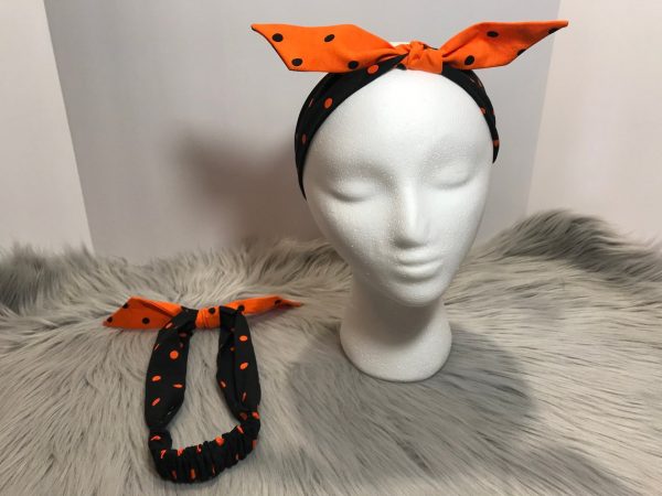 Black Dots with Orange Dots Top Tie Cotton Headband with Elastic Back and Removable Bow - Image 4